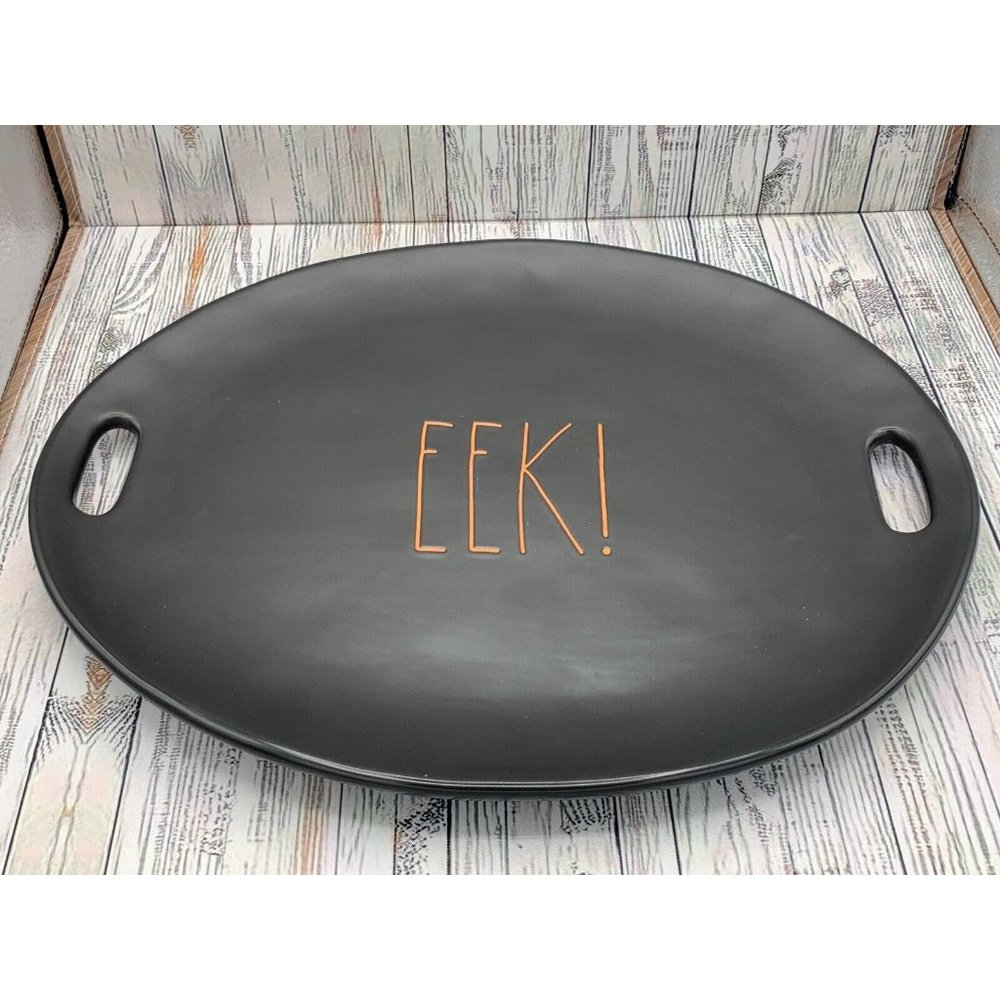 Rae Dunn Halloween 15 inch Serving Platter Tray with Handles EEK Orange Black
